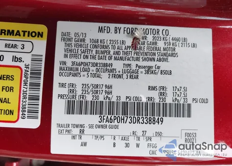 2013 Ford Fusion Se from USA, damaged, VIN 3FA6P0H73DR338849